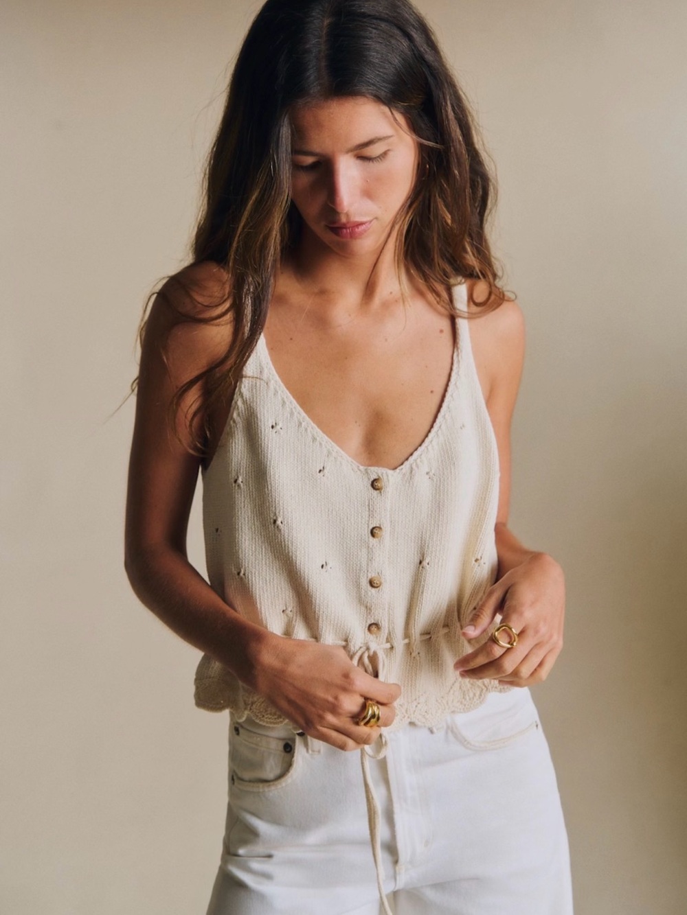 Sézane Giselle Top Cream Knit Button-Front Tank - Picture 3 of 8